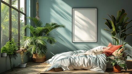 3D rendering of blank poster on wall in bedroom
