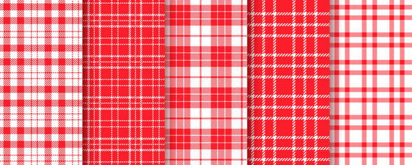 Cloth seamless background. Gingham table pattern. Red cloth textile. Kitchen lumberjack tablecloth. Set plaid tartan prints. Picnic napkin backdrop. Checkered buffalo texture. Vector illustration