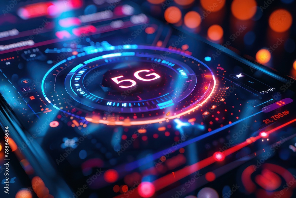 Poster close-up of a 5g smartphone downloading data at high speed, with the screen displaying the 5g icon a