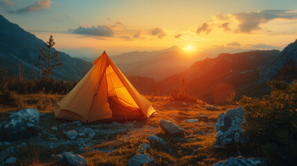 Tent Set Up in Mountains During Sunset - obrazy, fototapety, plakaty
