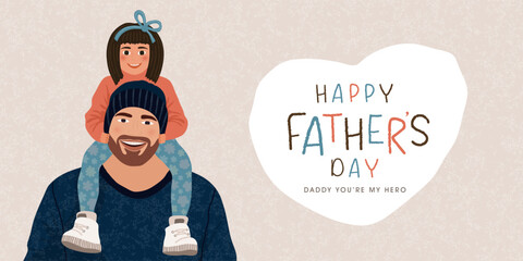 Father's Day celebration,flat illustration of a little girl sitting on her father's shoulders. Happy family. Smile and joy reflected on faces