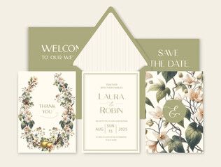Wedding invitation and save the date card with botanical watercolor flowers and frame.