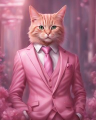 Anthropomorphized pink cat in a stylish suit, generated with AI. - obrazy, fototapety, plakaty