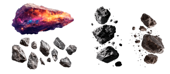 A colorful crystal is juxtaposed with various grayscale rocks and fragments against a neutral background