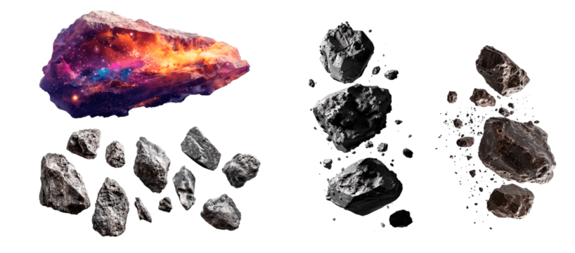 A colorful crystal is juxtaposed with various grayscale rocks and fragments against a neutral background