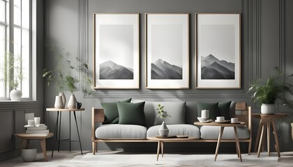 Frame mockup, ISO wide frame. luxury Living room wall poster mockup. Interior mockup with house background. Modern interior design. 3D render	