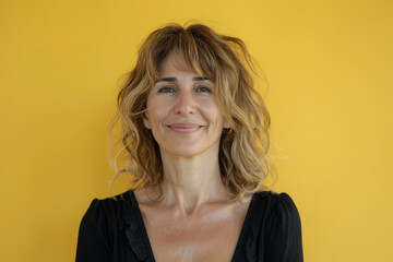 Obraz premium A woman with blonde hair is smiling in front of a yellow background