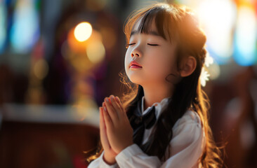 Temple, girl and praying with faith, religion and peaceful with sunshine and Buddhism with gratitude. Kid, hope and child with trust, help or spiritual with sunlight, China or compassion with support