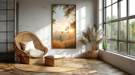 An illustration of a mockup poster frame in a hipster interior with a scandinavian background.