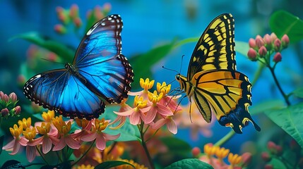 blue morpho butterfly and yellow tiger butterfly opening wings on flowers over blue background