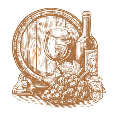 recommend clip art: Wine bottle, glass and wooden barrel. Winery, vineyard sketch. Vintage vector illustration