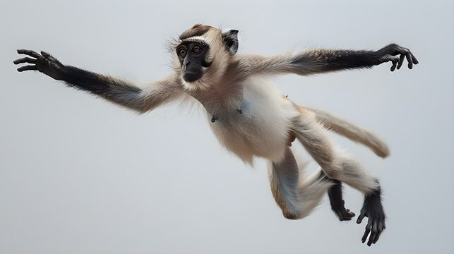 Ethereal Leap: A L'Hoest's Monkey Ballet. Concept Wildlife Photography, Primate Behavior, African Wildlife, Forest Conservation, Beautiful Creatures