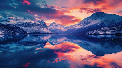 Fototapeta na wymiar A majestic mountain landscape at sunset, snow-capped peaks, a crystal-clear lake reflecting the vibrant sky, serene nature. Resplendent.