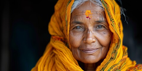 An Indian woman's serene eyes reflect happiness, tradition, and spirituality in her sacred attire.