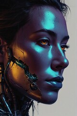 Hybrid Horizon: The Ethereal Fusion of Cyborg Humans and Artificial Intelligence - obrazy, fototapety, plakaty