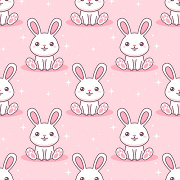 White kawaii rabbits on pink background. Vector seamless pattern. 