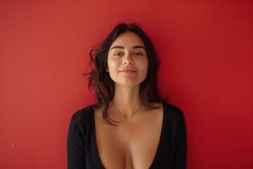 Fototapeta premium A woman with a very plunging neckline stands in front of a red wall