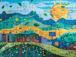 A mural depicting renewable power in a community setting, emphasizing sustainability and empowerment in an optimistic style.