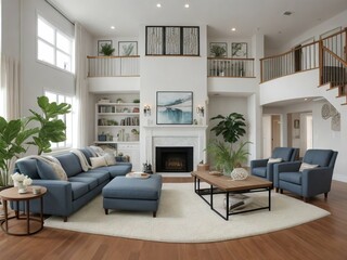 A large living room with a fireplace, a couch, and a coffee table