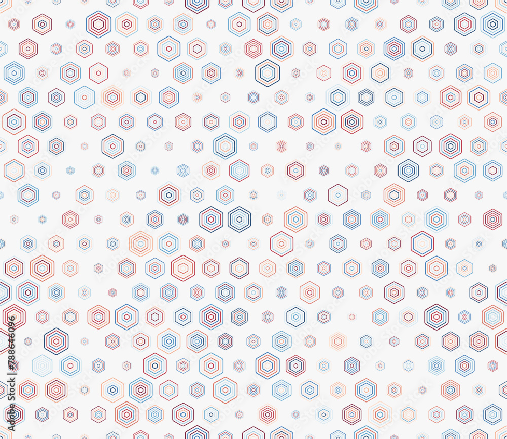 Poster hexagon grid pattern. multicolored geometric elements of varied size. rounded stacked hexagons mosai