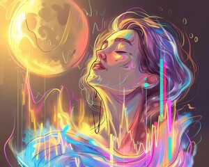 Woman Embracing Solar Vibes in Abstract Art - obrazy, fototapety, plakaty