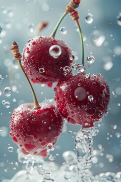 A cluster of ripe red cherries is being washed, with water cascading over their glossy surfaces, causing bubbles to cling to the fruit and creating a refreshing and clean appearance