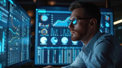 Business analyst evaluating ethical algorithms in AI applications, focusing on a computer screen with analytics and ethical audit trails