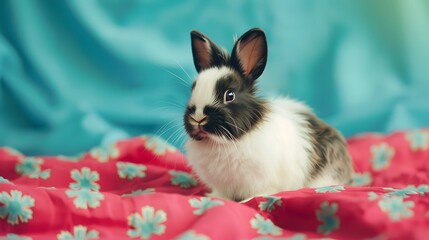 Brown white and black hair bunny rabbit stay on red pattern cloth with blue background and look relax