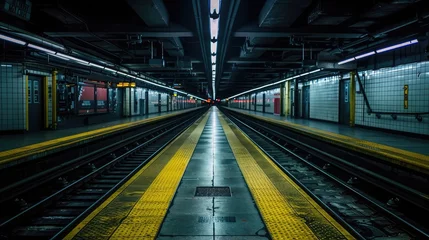 Fotobehang Empty subway platform with tracks extending into the darkness, signifying urban decay and neglect. © Khalif