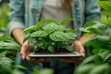 Career counselor at a job fair focusing on green jobs, close-up on a digital tablet displaying information about opportunities in sustainable industries