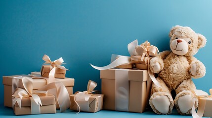 bunch of gifts in boxes tied with silk ribbons and soft teddy bears on a blue background