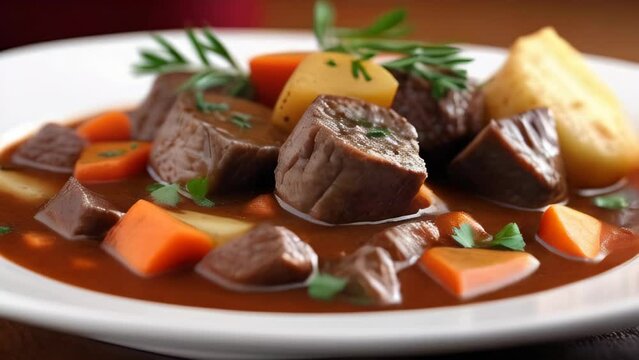 Beef stew with spices and vegetables on white plate. Traditional cuisine beef stew. Food style decorated table
