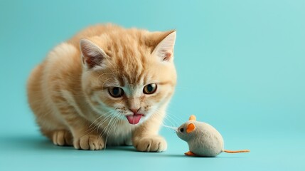 Cat breed British Shorthair peach color sticking out his tongue playing with a small toy mouse made of fabric on a blue background