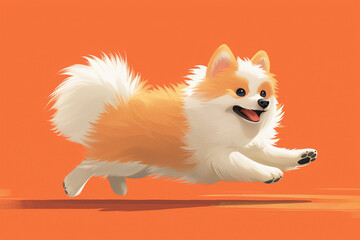 Illustration showing a running dog of the Pomeranian Spitz breed with orange coloring - obrazy, fototapety, plakaty