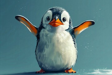 Illustration showing a funny little penguin with its wings raised upward - obrazy, fototapety, plakaty