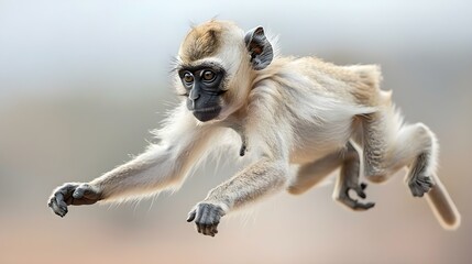 Graceful Leap of a Lhoest's Monkey. Concept Nature, Wildlife, Animal behavior, Primates, Acrobatics