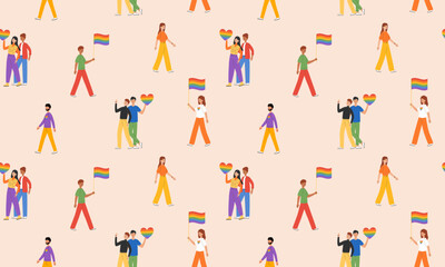 Seamless pattern with different people LGBT community. Gays, lesbians, transsexuals and bisexual celebrating LGBT pride month. LGBTQ pride. Vector illustration in flat style - obrazy, fototapety, plakaty