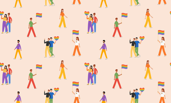 Seamless pattern with different people LGBT community. Gays, lesbians, transsexuals and bisexual celebrating LGBT pride month. LGBTQ pride. Vector illustration in flat style