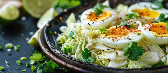 Cabbage with eggs and lime on a plate