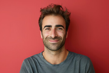 Obraz premium A man with a beard is smiling in front of a red wall