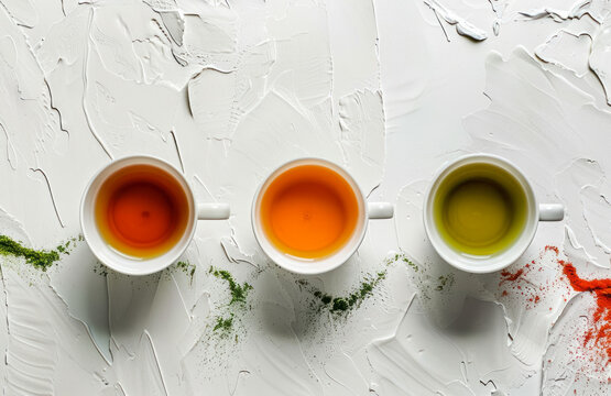 three varieties of tea in white cups on textured background from above