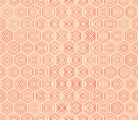 Tileable hexagon background. Rounded stacked hexagons mosaic cells. Red color tones. Hexagonal shapes. Tileable pattern. Seamless vector illustration.