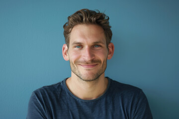 Fototapeta premium A man in a blue shirt is smiling in front of a blue wall