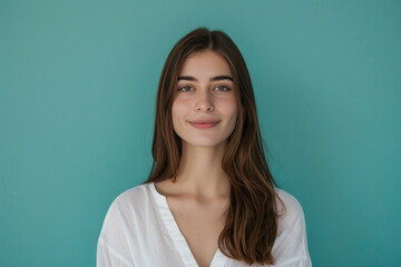 Fototapeta premium A woman in a white shirt is smiling in front of a blue background