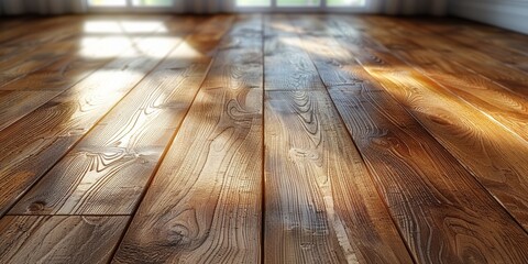 A weathered wooden floor with textured brown planks creates a rustic backdrop for interior design. - obrazy, fototapety, plakaty