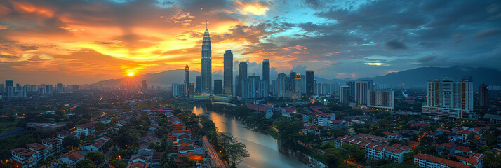 In the vibrant cities of Asia skyline transforms at sunset, blending modern architecture with urban energy.