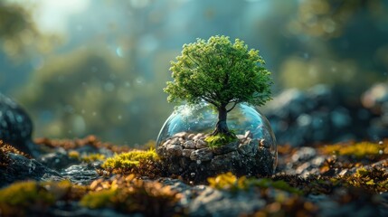 Environment. A young tree growing out of the ground against a background of green nature. World...