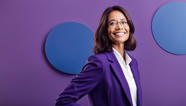 a wide photo of a Happy business woman standing, colors of purple and blue, abstract background, stock photos