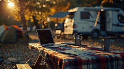 Depict a digital nomad's workspace in a camping ground or RV park, with a laptop and a notebook on a picnic table or camping chair,