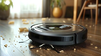 Modern Home Harmony: Robotic Vacuum Tidies with Precision. Concept Interior Design, Smart Home Technology, Cleaning Solutions, Efficiency, Home Appliances